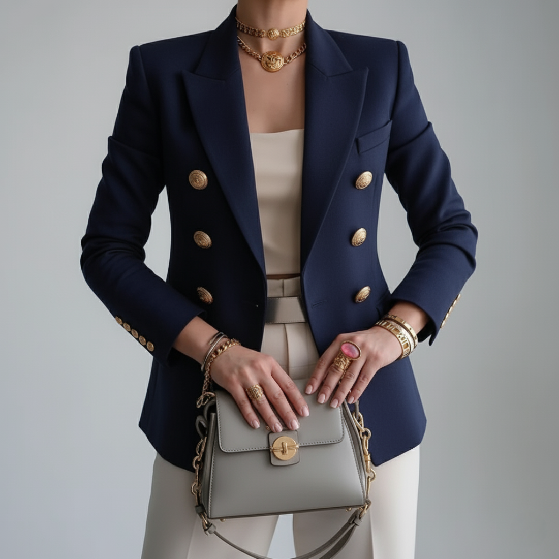 Elegant Dobbeltradet Blazer Dame med Guldknapper til Tidløs Stil 1